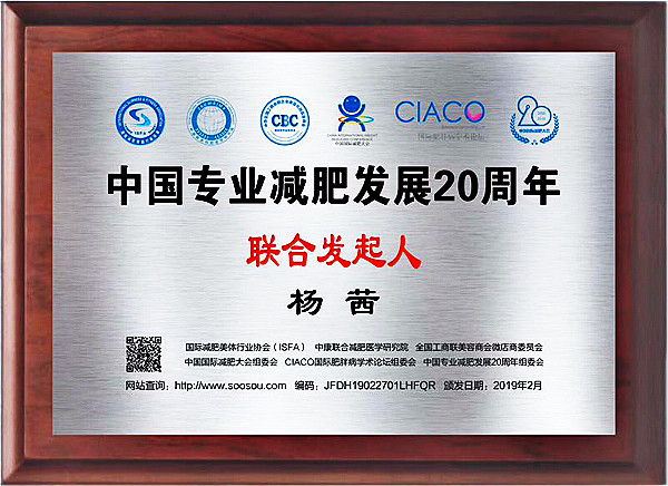 中国专业减肥发展20周年证书